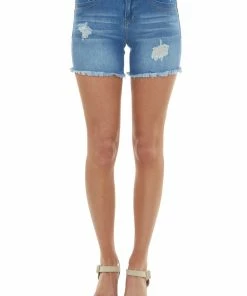 YMI Medium Wash Mid Rise Double Button Denim Shorts Bottoms
