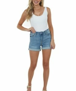Judy Blue Medium Wash Mid Rise Shorts With Rolled Hem Bottoms