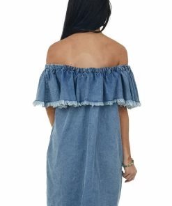Umgee Dresses Medium Wash Off Shoulder Overlay Denim Dress