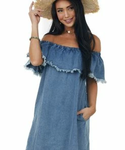 Umgee Dresses Medium Wash Off Shoulder Overlay Denim Dress