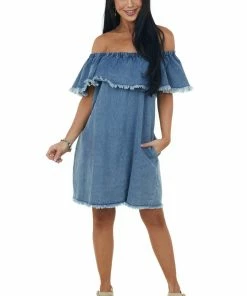 Umgee Dresses Medium Wash Off Shoulder Overlay Denim Dress