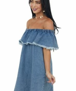 Umgee Dresses Medium Wash Off Shoulder Overlay Denim Dress