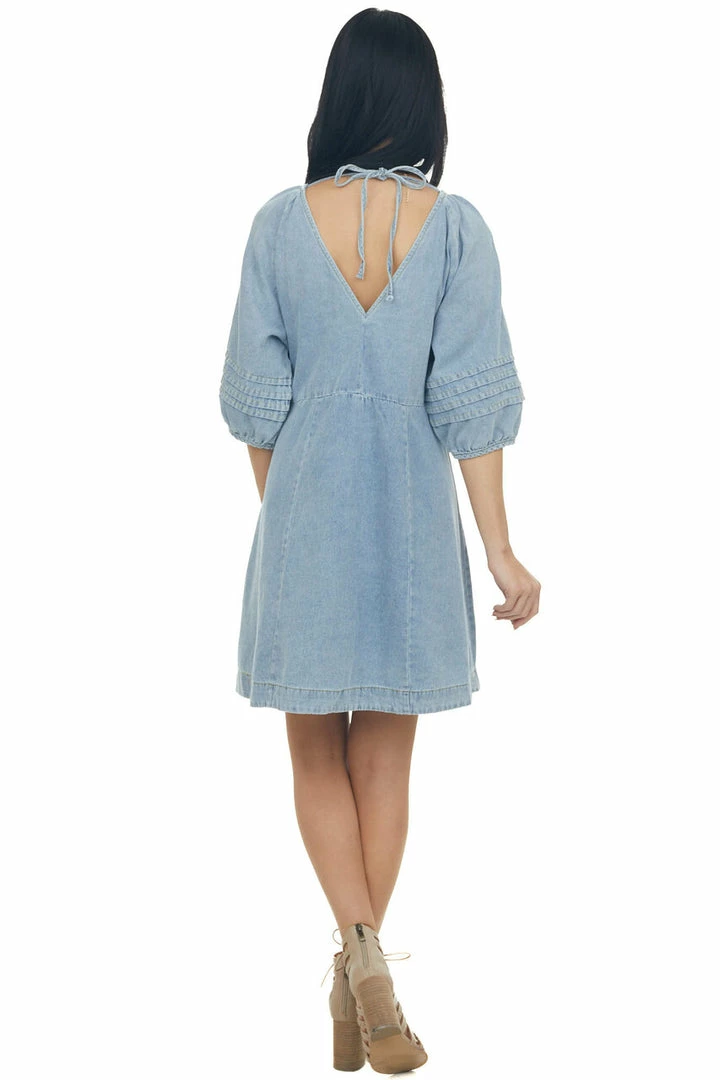 Umgee Medium Wash Pleated Puff Sleeve Denim Dress Dresses 9 Umgee Medium Wash Pleated Puff Sleeve Denim Dress Dresses