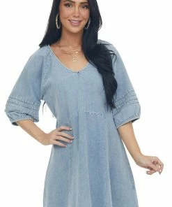 Umgee Medium Wash Pleated Puff Sleeve Denim Dress Dresses
