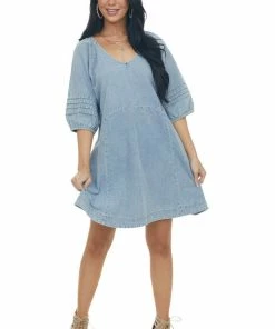 Umgee Medium Wash Pleated Puff Sleeve Denim Dress Dresses 20 Umgee Medium Wash Pleated Puff Sleeve Denim Dress Dresses