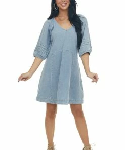 Umgee Medium Wash Pleated Puff Sleeve Denim Dress Dresses 21 Umgee Medium Wash Pleated Puff Sleeve Denim Dress Dresses
