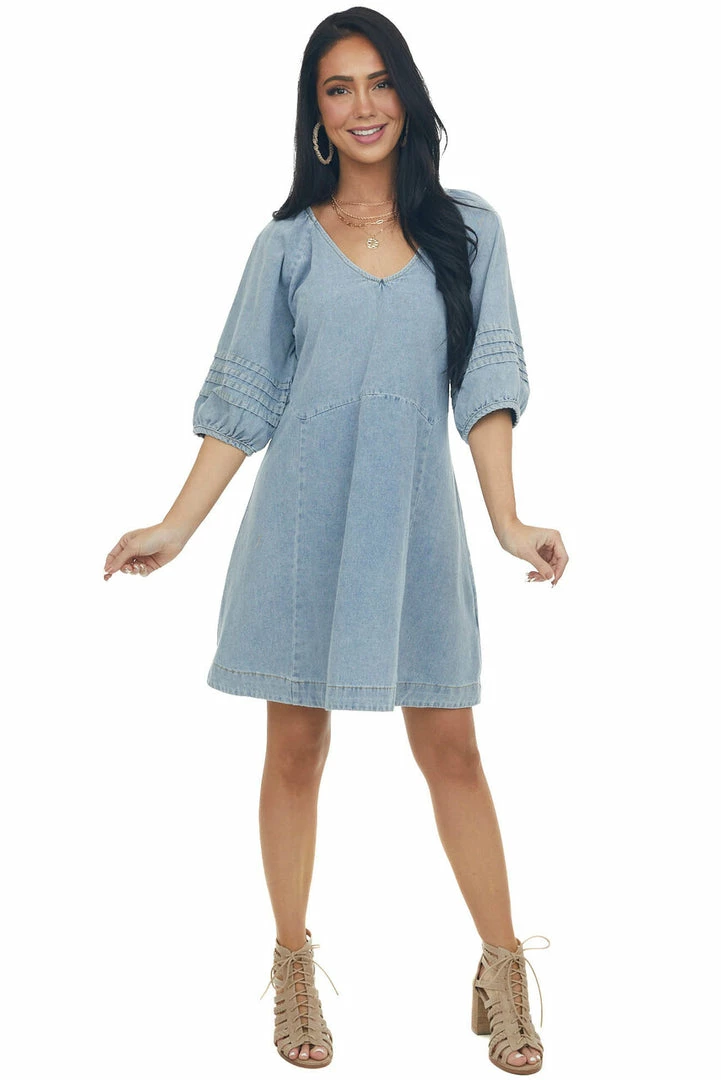 Umgee Medium Wash Pleated Puff Sleeve Denim Dress Dresses 6 Umgee Medium Wash Pleated Puff Sleeve Denim Dress Dresses