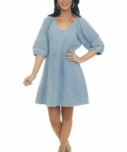 Umgee Medium Wash Pleated Puff Sleeve Denim Dress Dresses 22 Umgee Medium Wash Pleated Puff Sleeve Denim Dress Dresses