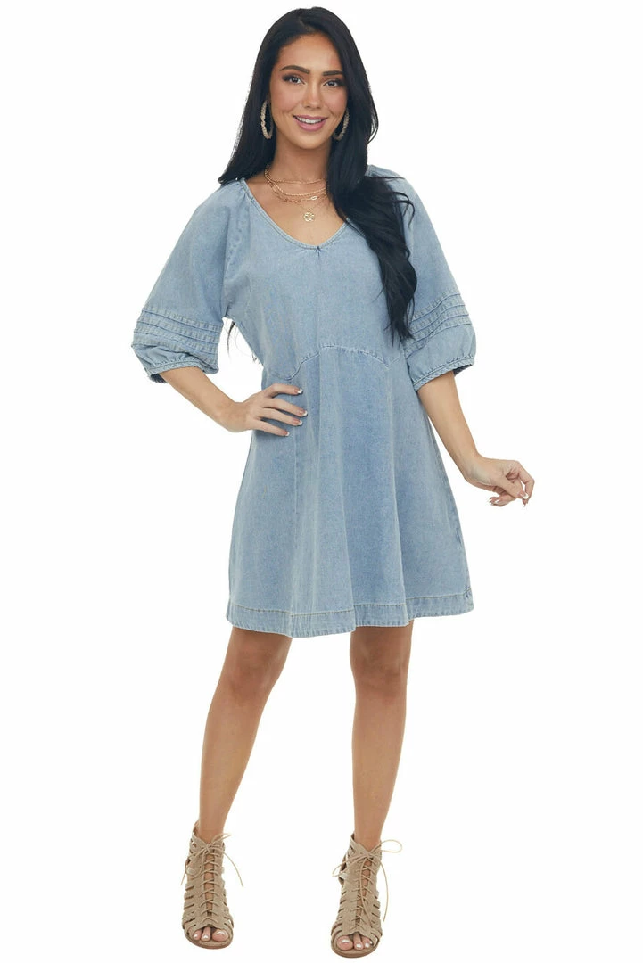 Umgee Medium Wash Pleated Puff Sleeve Denim Dress Dresses 4 Umgee Medium Wash Pleated Puff Sleeve Denim Dress Dresses
