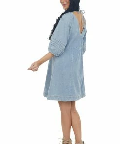 Umgee Medium Wash Pleated Puff Sleeve Denim Dress Dresses 23 Umgee Medium Wash Pleated Puff Sleeve Denim Dress Dresses