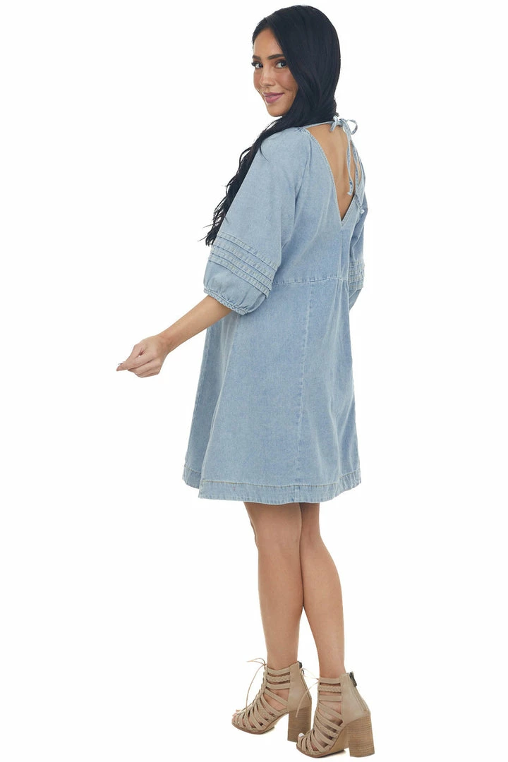 Umgee Medium Wash Pleated Puff Sleeve Denim Dress Dresses 8 Umgee Medium Wash Pleated Puff Sleeve Denim Dress Dresses