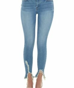Special A Medium Wash Ripped Hem Mid Rise Skinny Jeans Bottoms