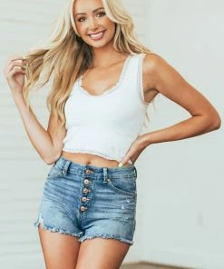 4 What Its Worth Medium Stonewash High Rise Frayed Button Shorts Bottoms