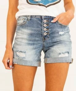 Special A Bottoms Mid Wash Button Fly High Rise Denim Shorts