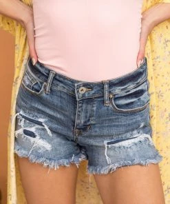 Special A Bottoms Medium Wash Distressed High Rise Frayed Shorts