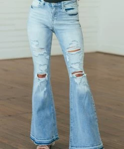 Cello Jeans Medium Wash High Rise Flare Distressed Jeans