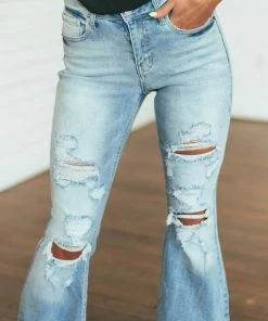 Cello Jeans Medium Wash High Rise Flare Distressed Jeans