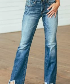 Special A Bottoms Medium Wash Mid Rise Flare Cut Raw Hem Jeans