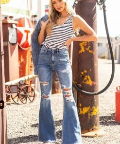 Cello Jeans Medium Denim Distressed High Rise Flare Jeans