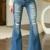 Special A Medium Wash Frayed Hem High Rise Flare Jeans Bottoms