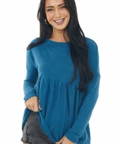 Ces Femme Melange Ocean Babydoll Long Sleeve Knit Top Tops