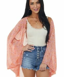 Ces Femme Tops Melon Floral Print Lightweight Open Kimono