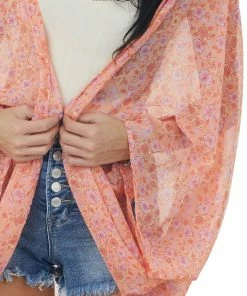 Ces Femme Tops Melon Floral Print Lightweight Open Kimono