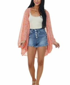 Ces Femme Tops Melon Floral Print Lightweight Open Kimono