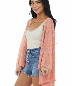 Ces Femme Tops Melon Floral Print Lightweight Open Kimono