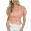 She + Sky Tops Melon Off The Shoulder Short Bubble Sleeve Woven Top