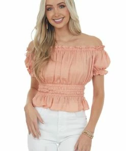 She + Sky Tops Melon Off The Shoulder Short Bubble Sleeve Woven Top
