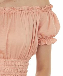 She + Sky Tops Melon Off The Shoulder Short Bubble Sleeve Woven Top