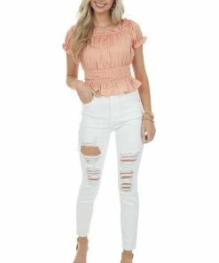 She + Sky Tops Melon Off The Shoulder Short Bubble Sleeve Woven Top