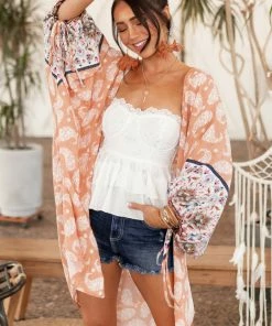 Entro Tops Melon Floral Paisley Print 1/2 Sleeve Kimono