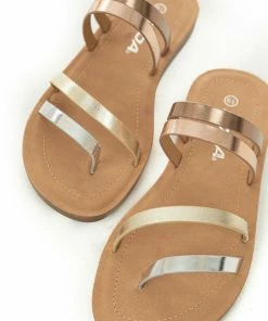 FORTUNE DYNAMIC Metallic Faux Leather Strappy Flat Sandals