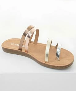 FORTUNE DYNAMIC Metallic Faux Leather Strappy Flat Sandals