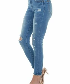 Special A Mid Dark Wash Mid Rise Distressed Skinny Jeans Bottoms