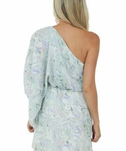 Caramela Mint Abstract Print One Shoulder Short Dress Dresses