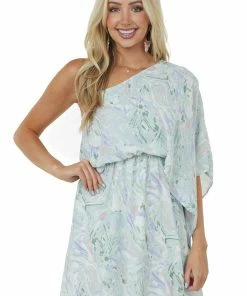 Caramela Mint Abstract Print One Shoulder Short Dress Dresses
