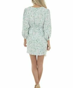 Entro Mint Floral Long Sleeve Ruched Short Dress Dresses