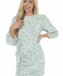 Entro Mint Floral Long Sleeve Ruched Short Dress Dresses