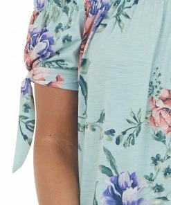 Vanilla Bay Tops Mint Floral Off Shoulder Tie Sleeve Knit Top