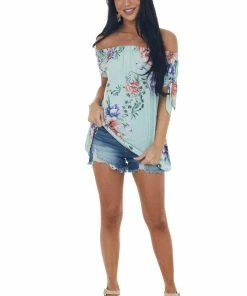 Vanilla Bay Tops Mint Floral Off Shoulder Tie Sleeve Knit Top