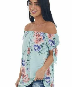 Vanilla Bay Tops Mint Floral Off Shoulder Tie Sleeve Knit Top