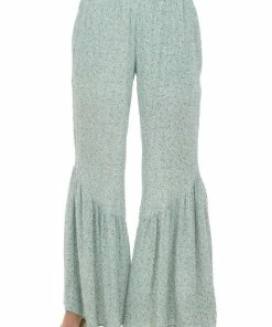 143 Story Mint Floral Print Ruffle Hem Wide Leg Pants