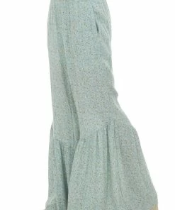 143 Story Mint Floral Print Ruffle Hem Wide Leg Pants