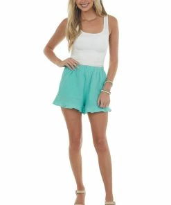Davi & Dani Mint Frill Hem Elastic Gauze Woven Shorts Bottoms