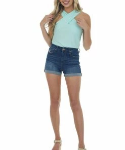 BiBi Tops Mint Green Criss Cross Neck Ribbed Knit Top