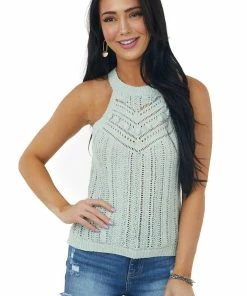 Kori America Tops Mint Halter Neck Sweater Knit Tank Top