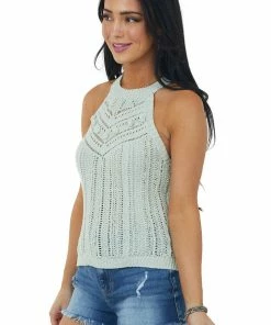 Kori America Tops Mint Halter Neck Sweater Knit Tank Top